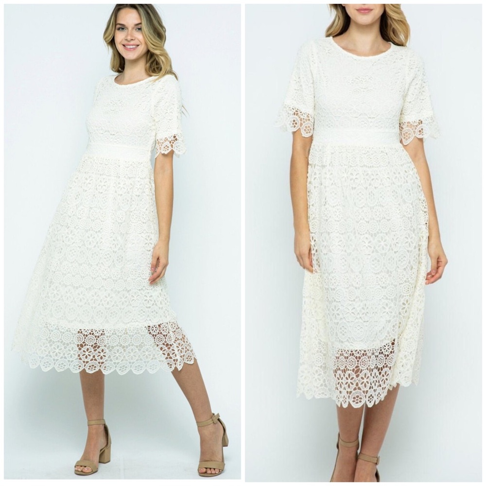 LAST 1❗️POLAGRAM White Embroidery Crochet Midi Dress - Picture 7 of 14